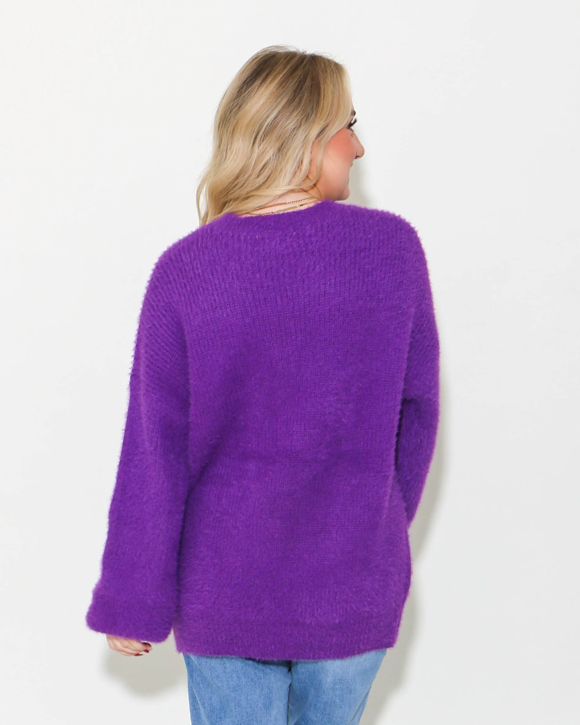 Slouchy Fuzzy Knit Football Sweater in Purple
