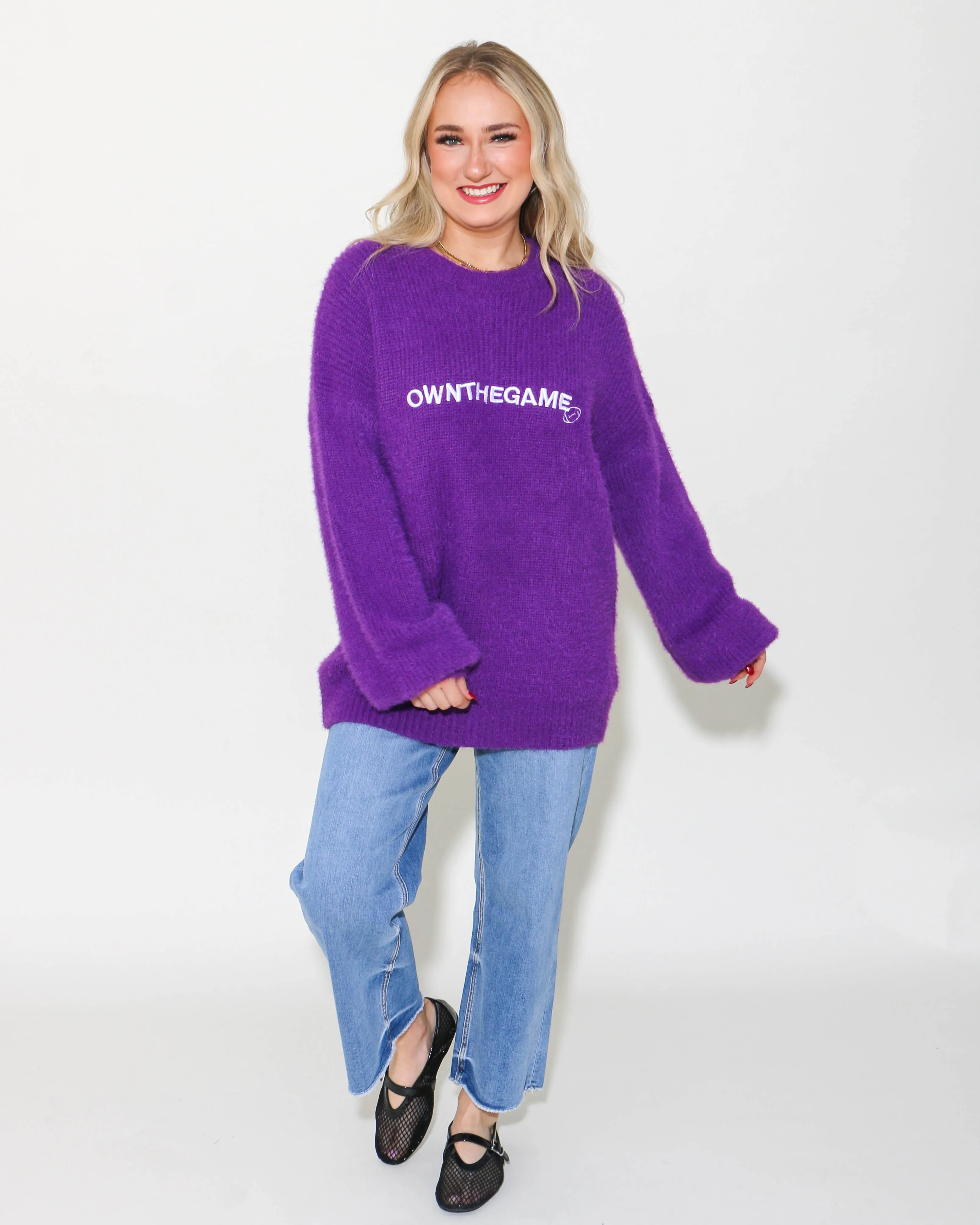 Slouchy Fuzzy Knit Football Sweater in Purple