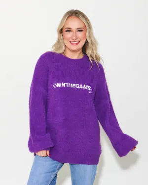 Slouchy Fuzzy Knit Football Sweater in Purple