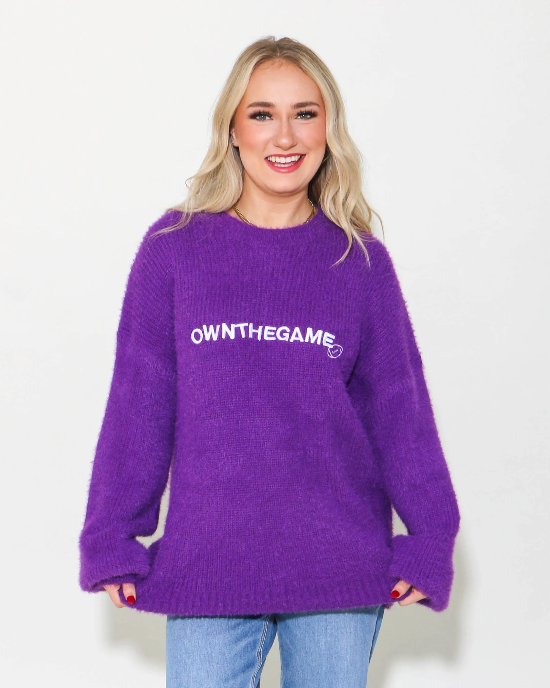 Slouchy Fuzzy Knit Football Sweater in Purple