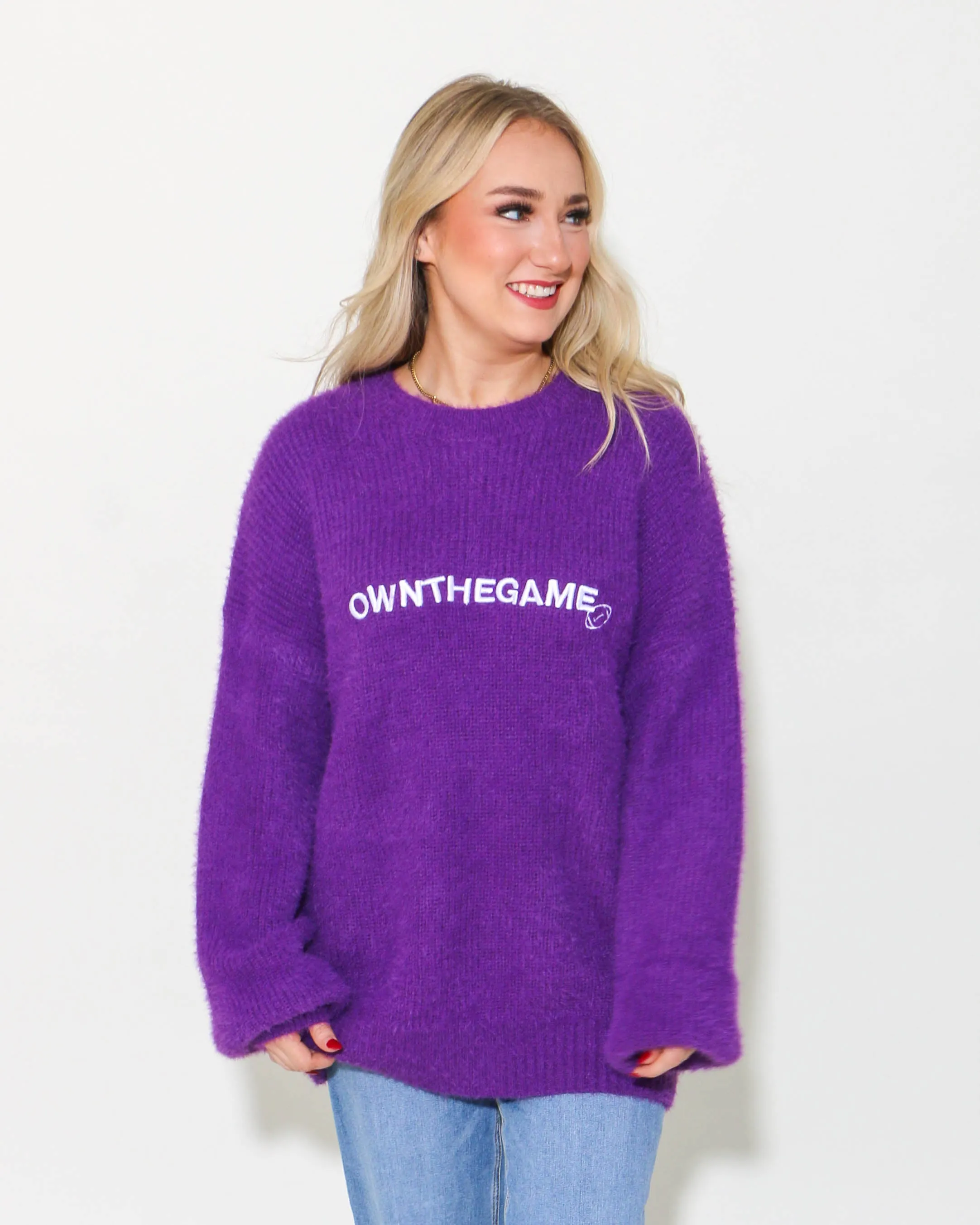 Slouchy Fuzzy Knit Football Sweater in Purple