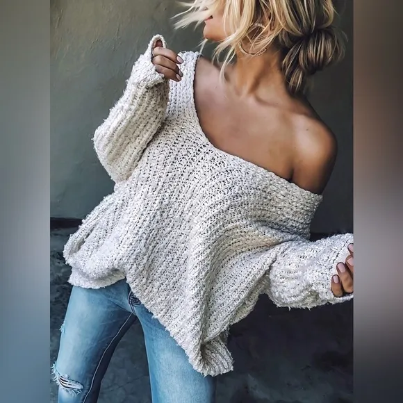 Soft knit oversized sweater v neck boho cream