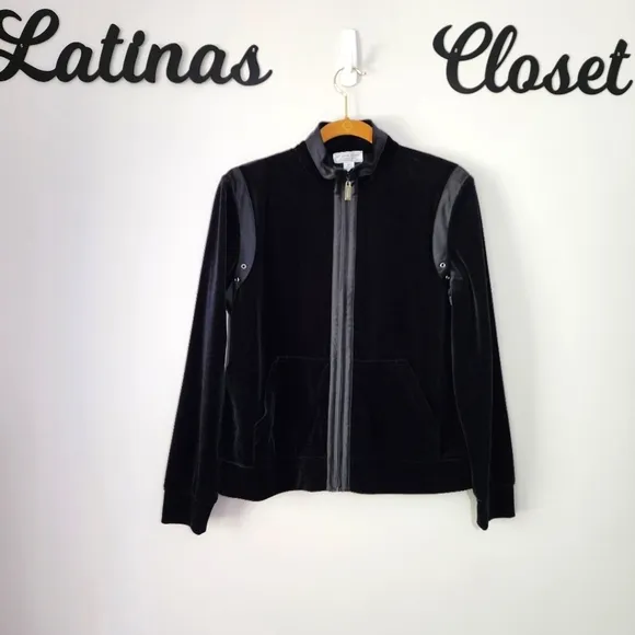 St. John Sport Black Velvet Full Zipper Jacket‎ Size Medium