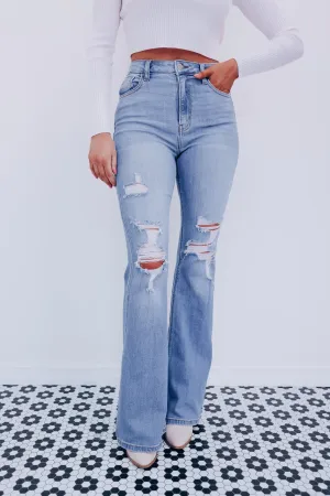 Staci Distressed Flare Jeans - Light Wash