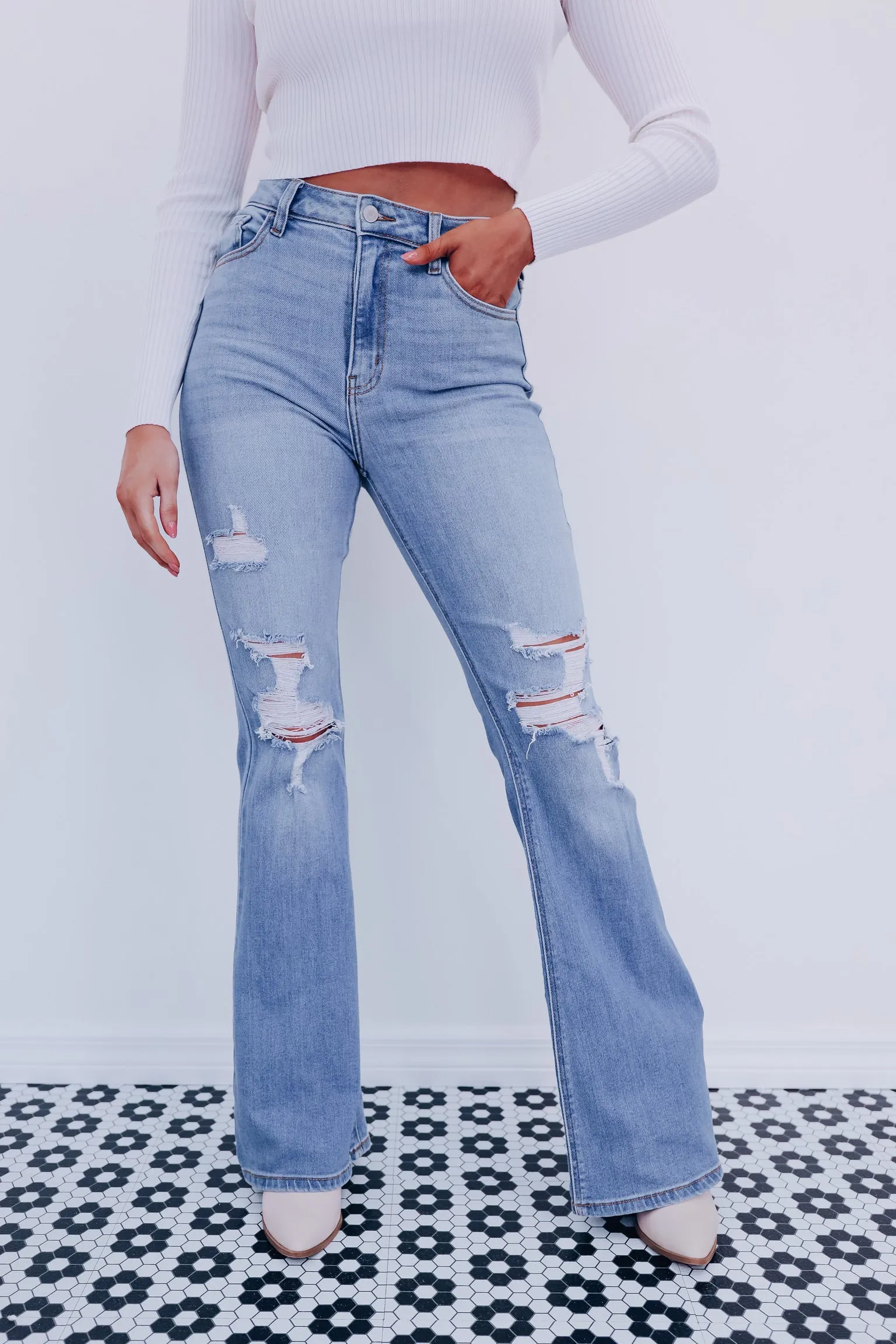 Staci Distressed Flare Jeans - Light Wash