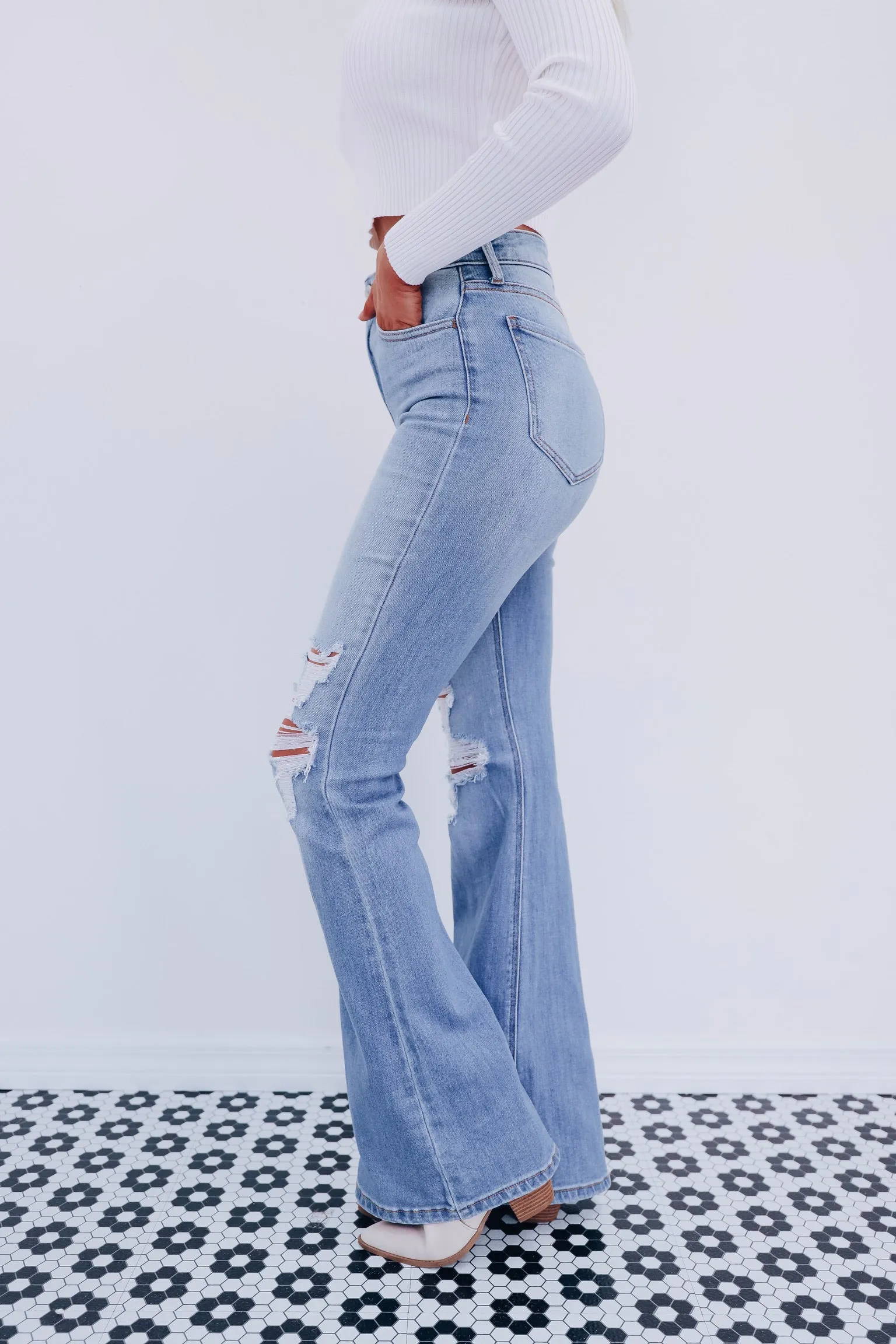 Staci Distressed Flare Jeans - Light Wash
