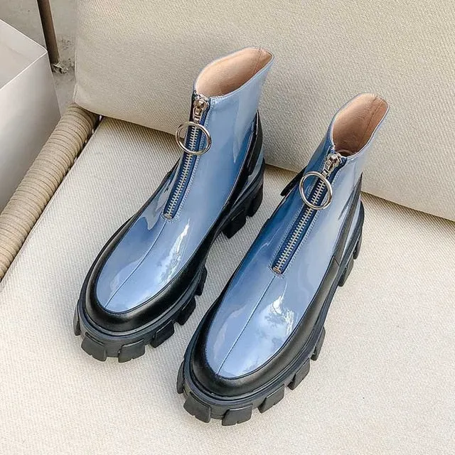 sweet fashion mixed colors thick bottom cow leather rock Zipper round toe waterproof winter women ankle boots
