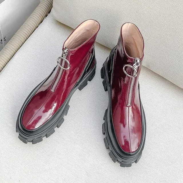 sweet fashion mixed colors thick bottom cow leather rock Zipper round toe waterproof winter women ankle boots