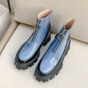 sweet fashion mixed colors thick bottom cow leather rock Zipper round toe waterproof winter women ankle boots
