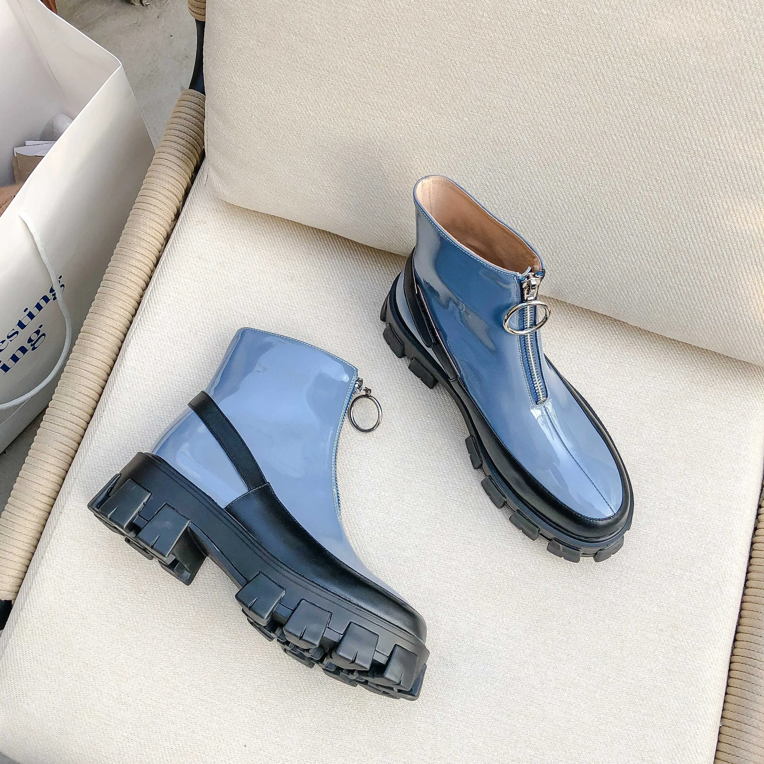 sweet fashion mixed colors thick bottom cow leather rock Zipper round toe waterproof winter women ankle boots