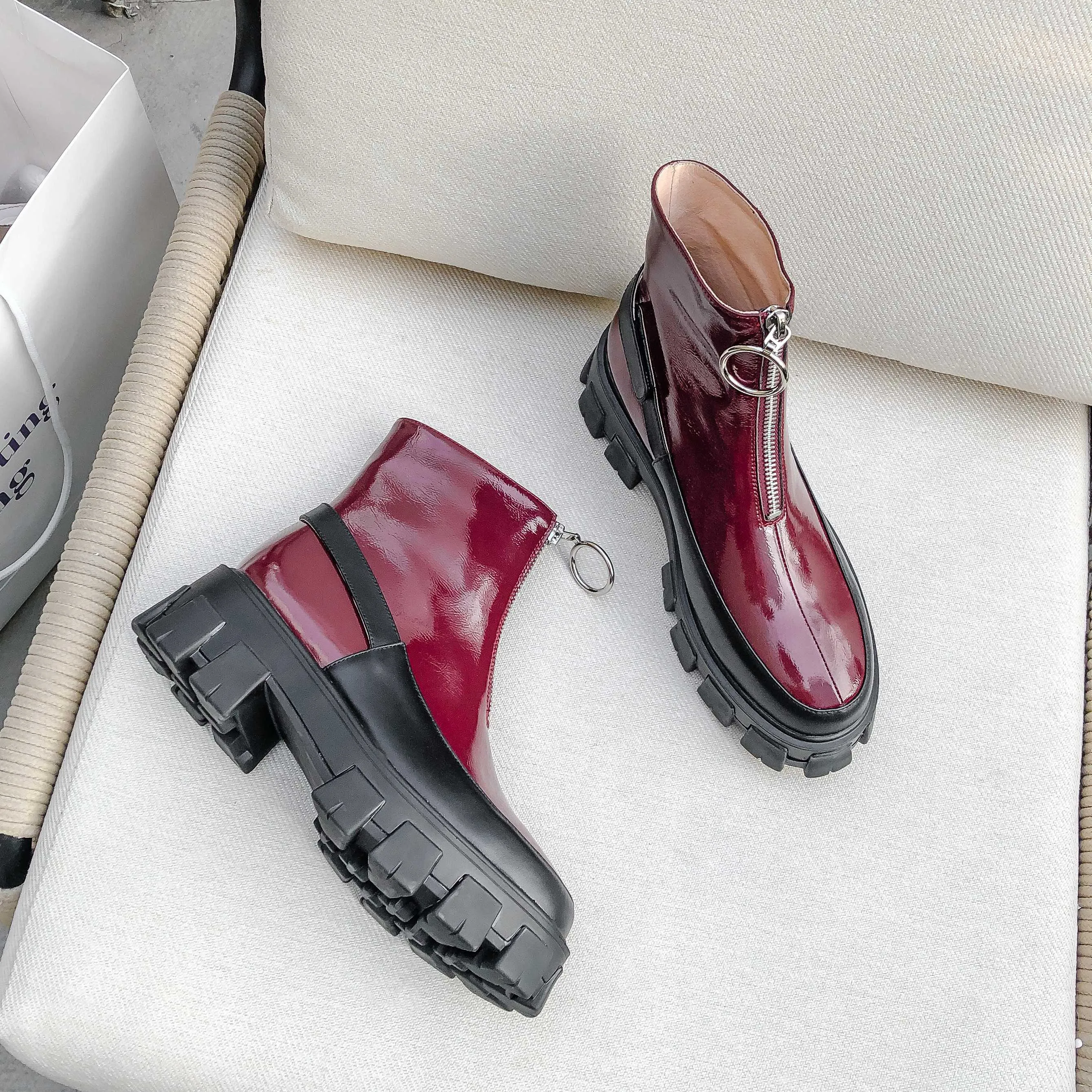 sweet fashion mixed colors thick bottom cow leather rock Zipper round toe waterproof winter women ankle boots