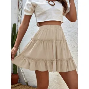 Tiered ruffle mini skirt elastic waist boho tan