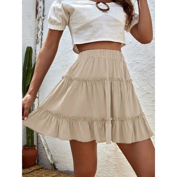 Tiered ruffle mini skirt elastic waist boho tan
