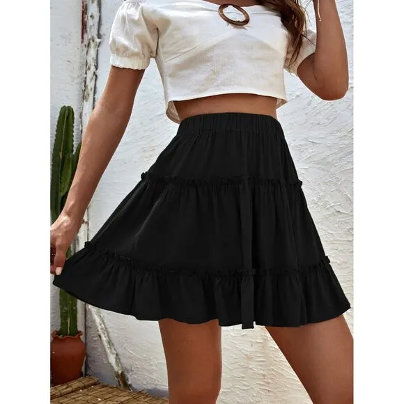 Tiered ruffle mini skirt elastic waist boho tan