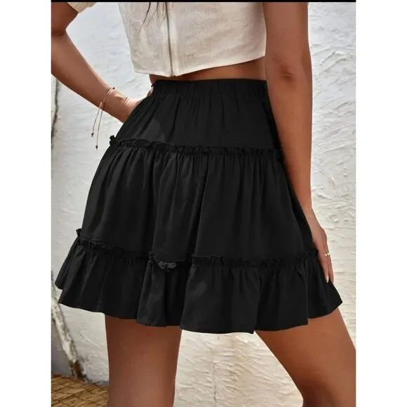 Tiered ruffle mini skirt elastic waist boho tan
