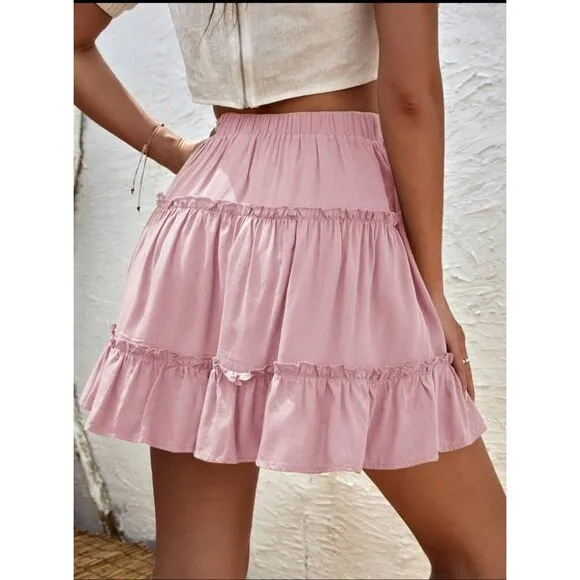 Tiered ruffle mini skirt elastic waist boho tan