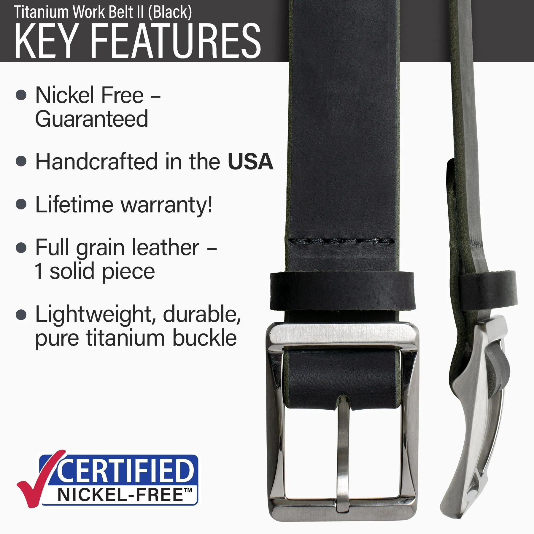 Titanium Black Leather Work Belt II by Nickel Smart®