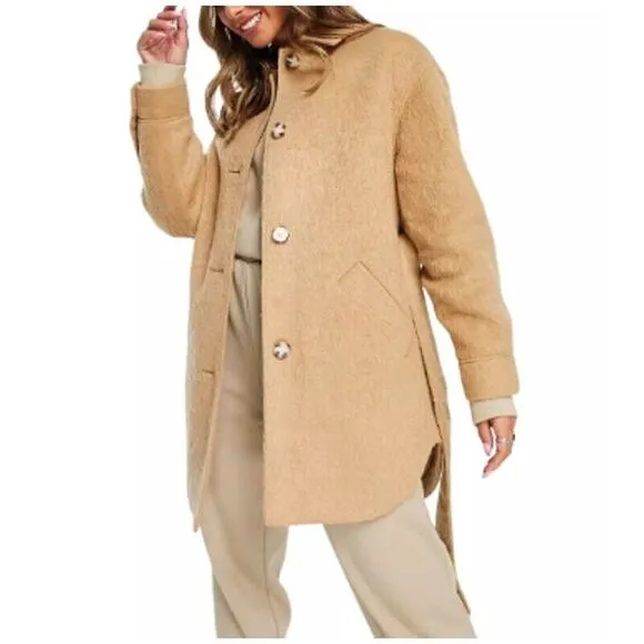 TOPSHOP , NORDSTROM Women's Wool Blend Belted Shirt Jacket Camel Tan Sz S NWT