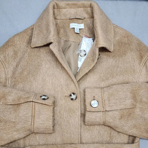 TOPSHOP , NORDSTROM Women's Wool Blend Belted Shirt Jacket Camel Tan Sz S NWT