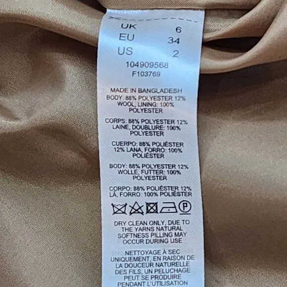 TOPSHOP , NORDSTROM Women's Wool Blend Belted Shirt Jacket Camel Tan Sz S NWT