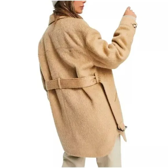 TOPSHOP , NORDSTROM Women's Wool Blend Belted Shirt Jacket Camel Tan Sz S NWT