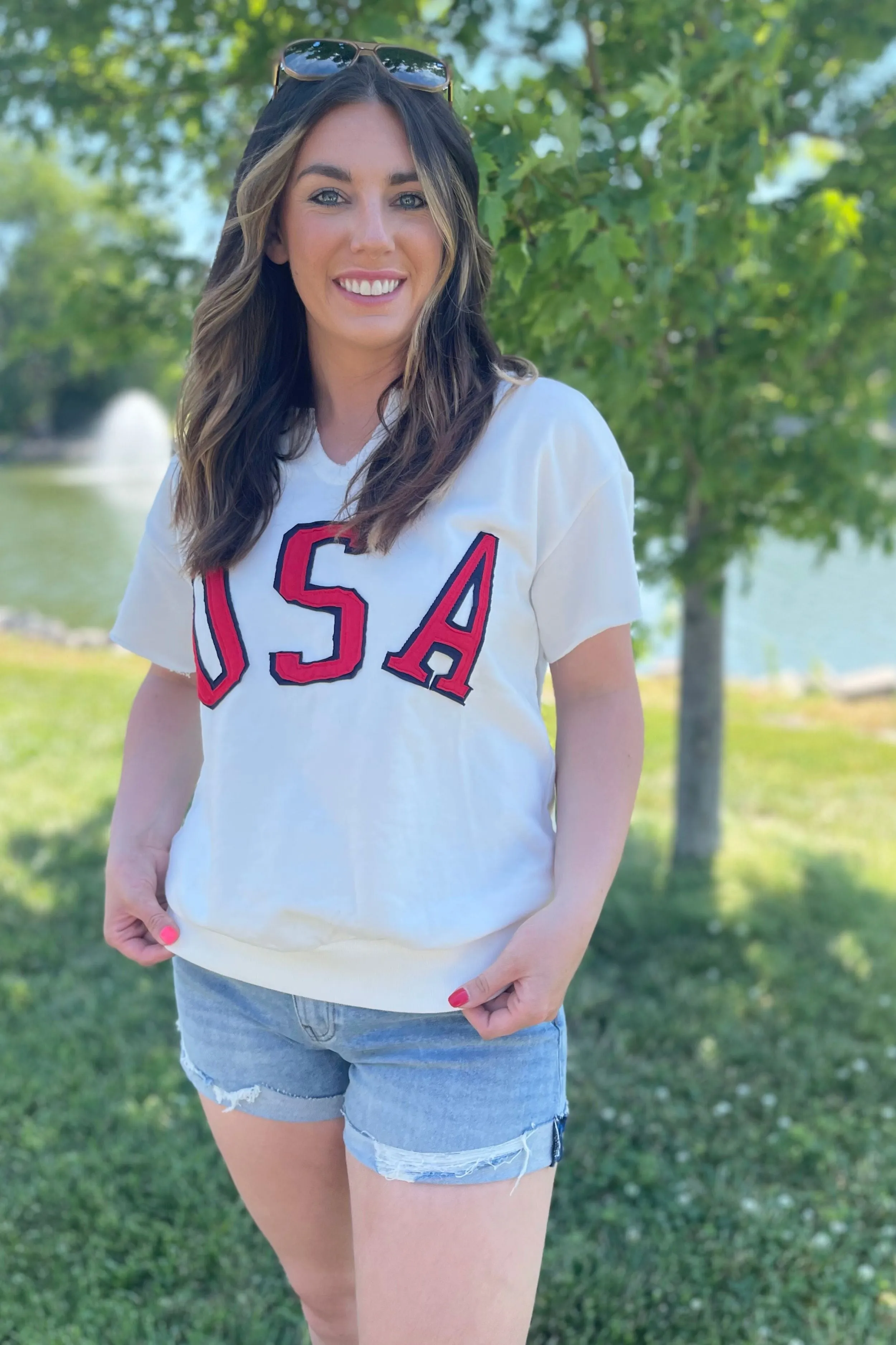 USA V-Neck Short Sleeve Sweatshirt