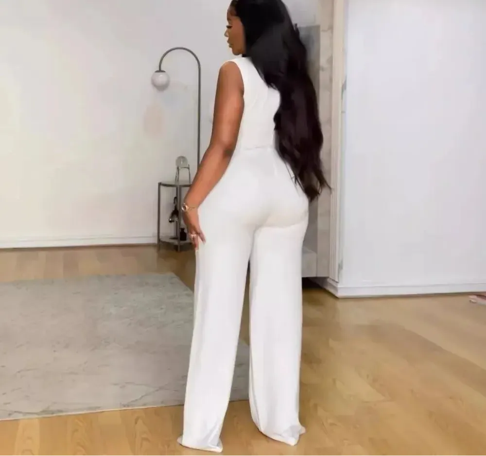 White Sleeveless Wide Leg  Pants Set