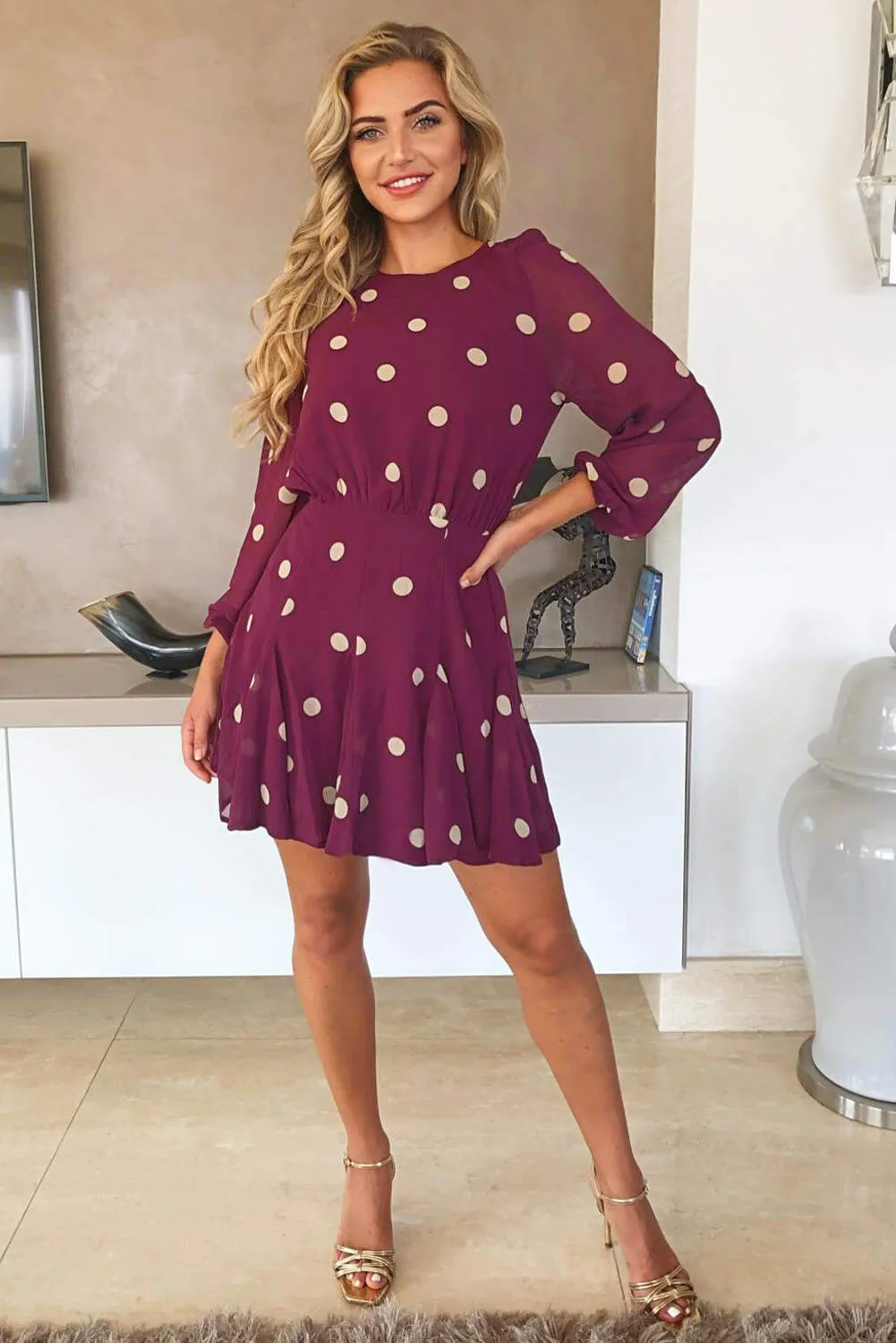 Wine Spotty Pleated Skirt Dress