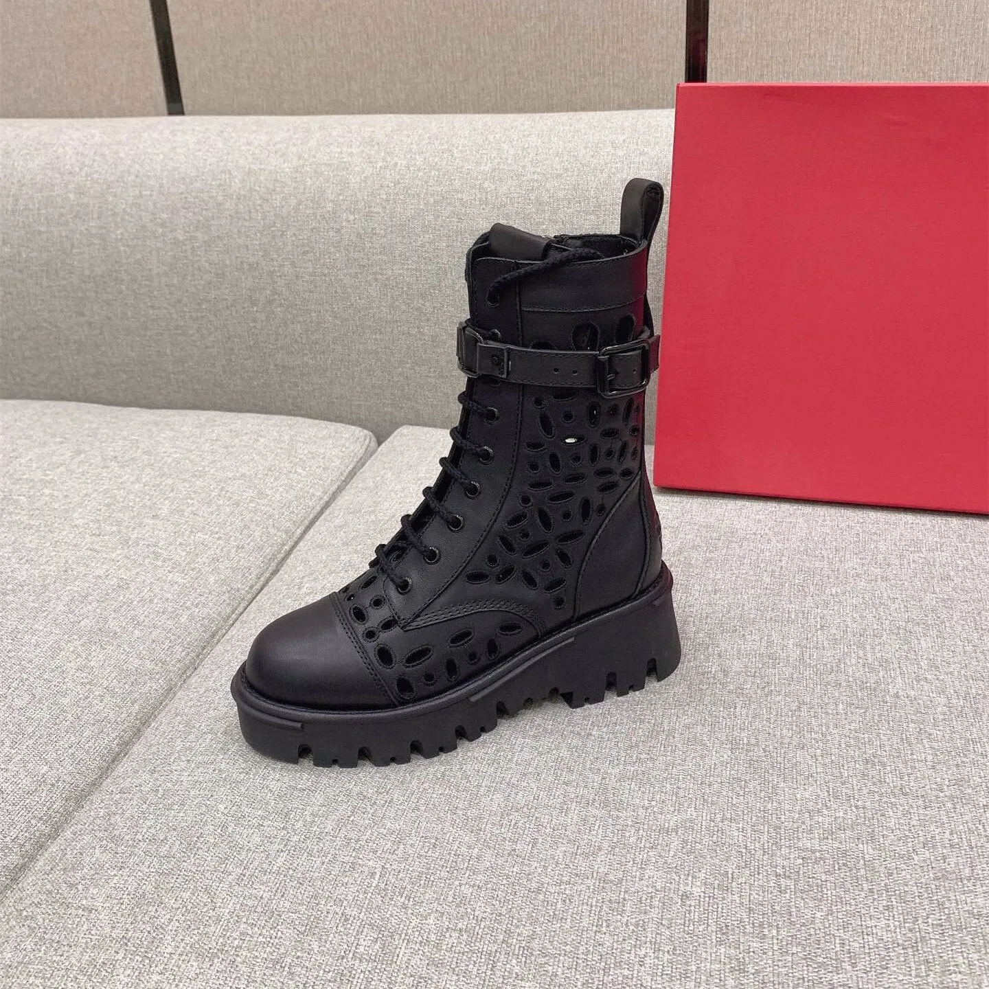 Women Genuine Leather Hollow Short Boots