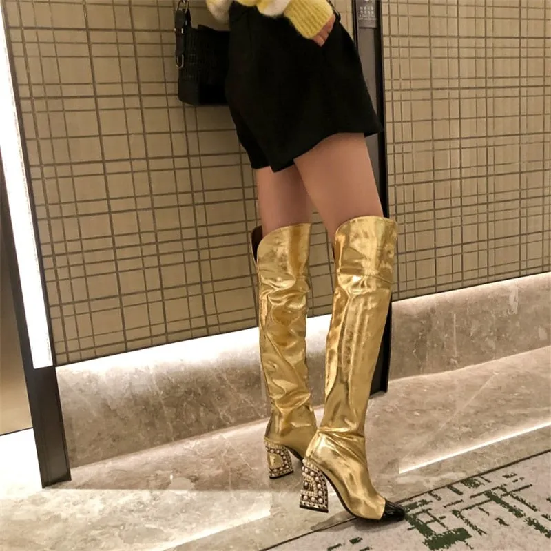 Women Pointed-Toe Boots Catwalk Style With Pearl