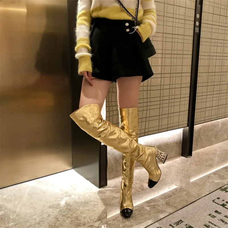 Women Pointed-Toe Boots Catwalk Style With Pearl