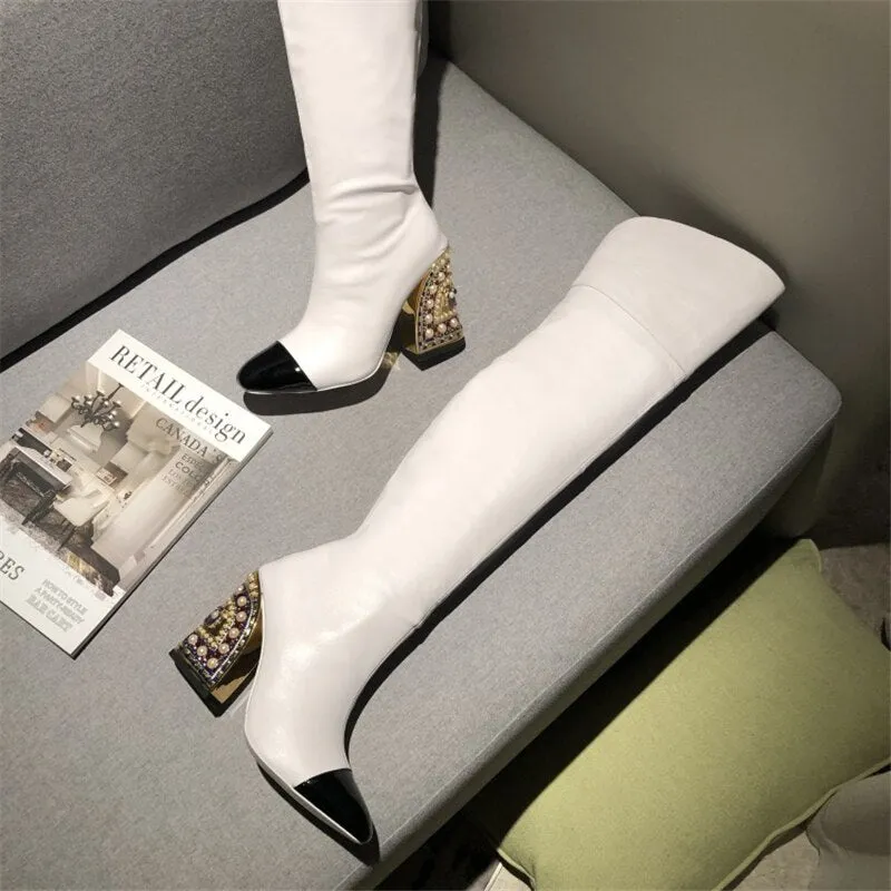 Women Pointed-Toe Boots Catwalk Style With Pearl