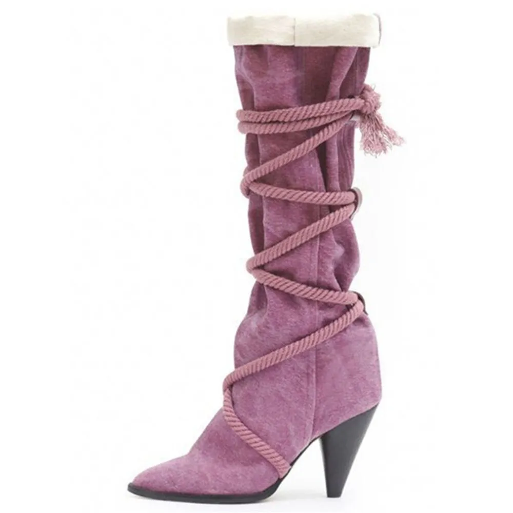 Women Retro Suede Pleated Ankle Boots Cross Tied Belt