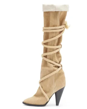 Women Retro Suede Pleated Ankle Boots Cross Tied Belt