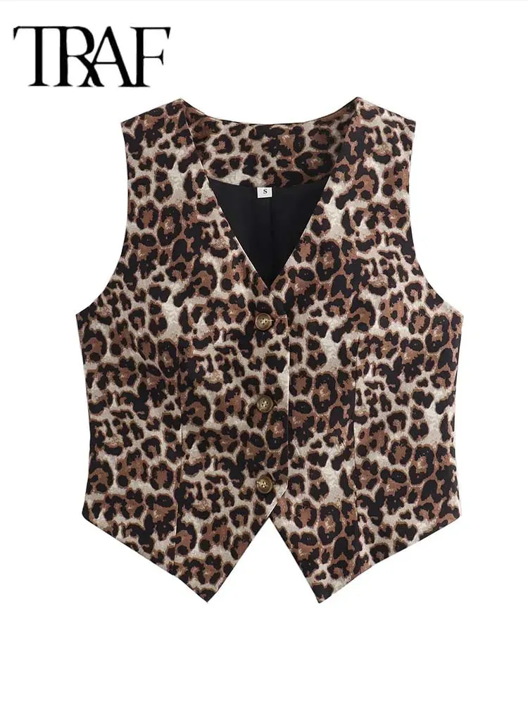 Women's Leopard Print Vest New Fashion V-Neck Single-Breasted Casual Vest Top
