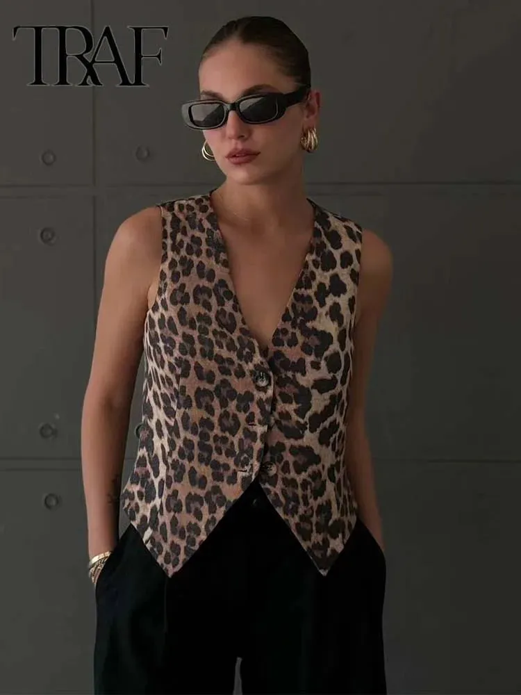 Women's Leopard Print Vest New Fashion V-Neck Single-Breasted Casual Vest Top