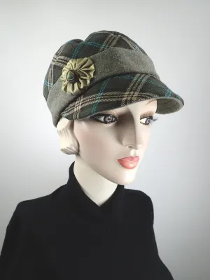 Women's plaid winter hat baseball style. Casual Newsboy hat green and camel. Warm stylish fabric comfy hat. Ladies soft hat.