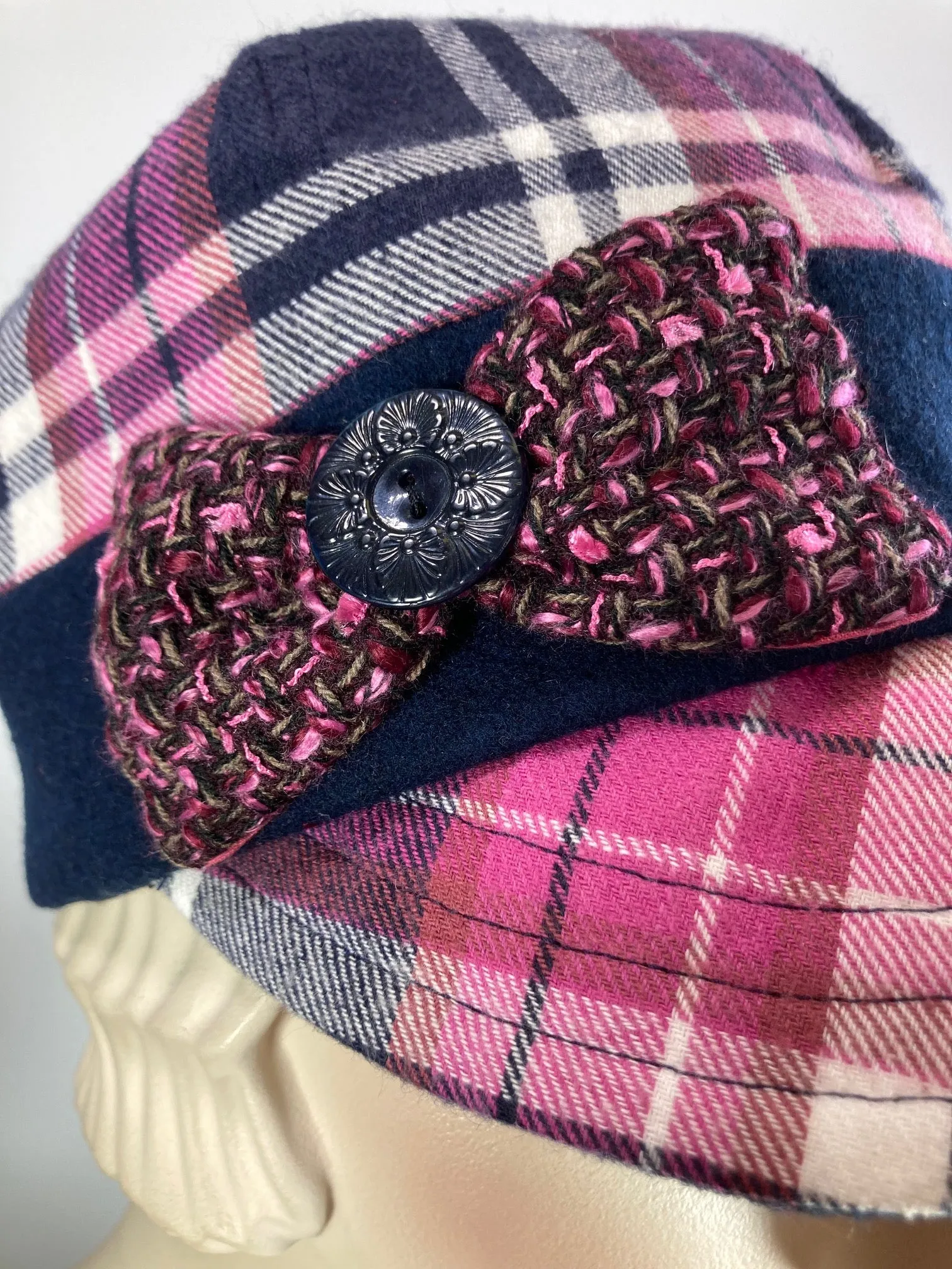Women's winter hat pink and blue plaid newsboy baseball style. Casual comfy ladies hat. Stylish soft fabric hat.