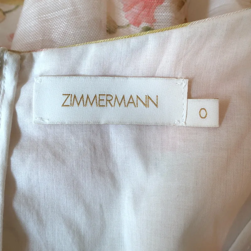 Zimmermann Tranquility Flip Puff Sleeve Mini Dress Cream Floral Print Size 0