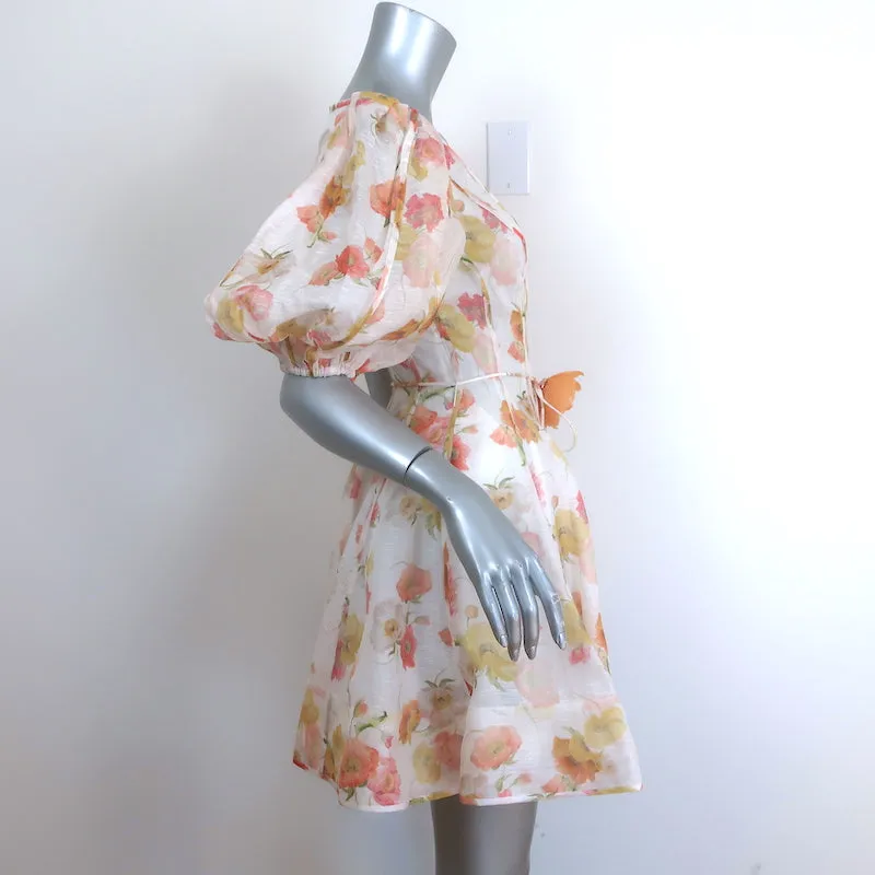 Zimmermann Tranquility Flip Puff Sleeve Mini Dress Cream Floral Print Size 0