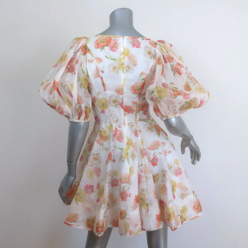 Zimmermann Tranquility Flip Puff Sleeve Mini Dress Cream Floral Print Size 0