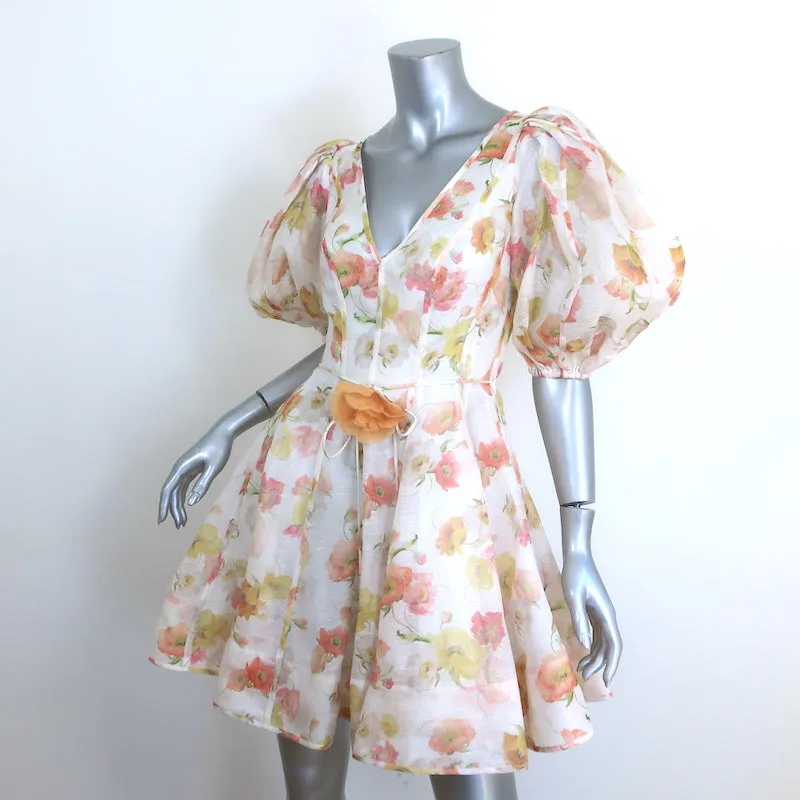 Zimmermann Tranquility Flip Puff Sleeve Mini Dress Cream Floral Print Size 0
